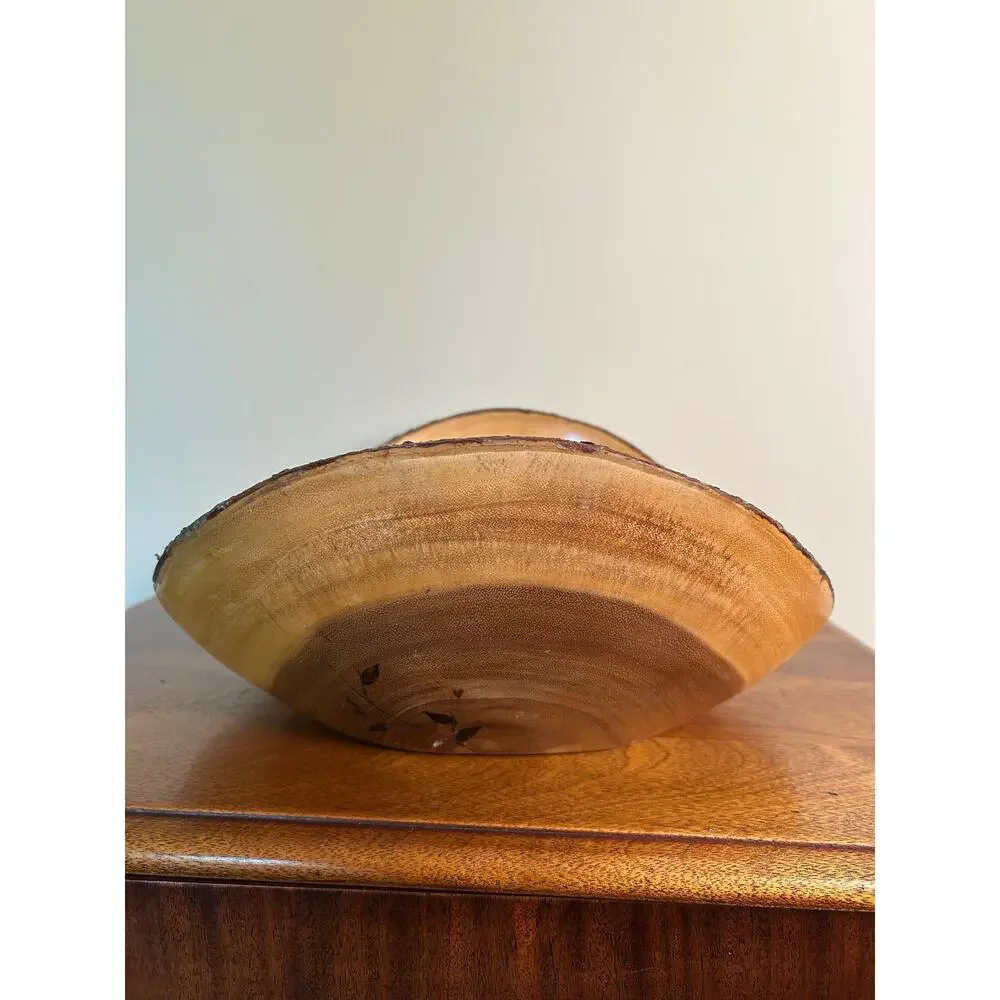 Vintage Olive Wood Look Live Edge Decorative Bowl with Burnt Floral Design